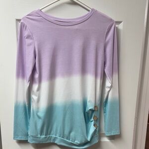 Kids Long Sleeve Tee in Purple, White, and Aqua with 3 button design